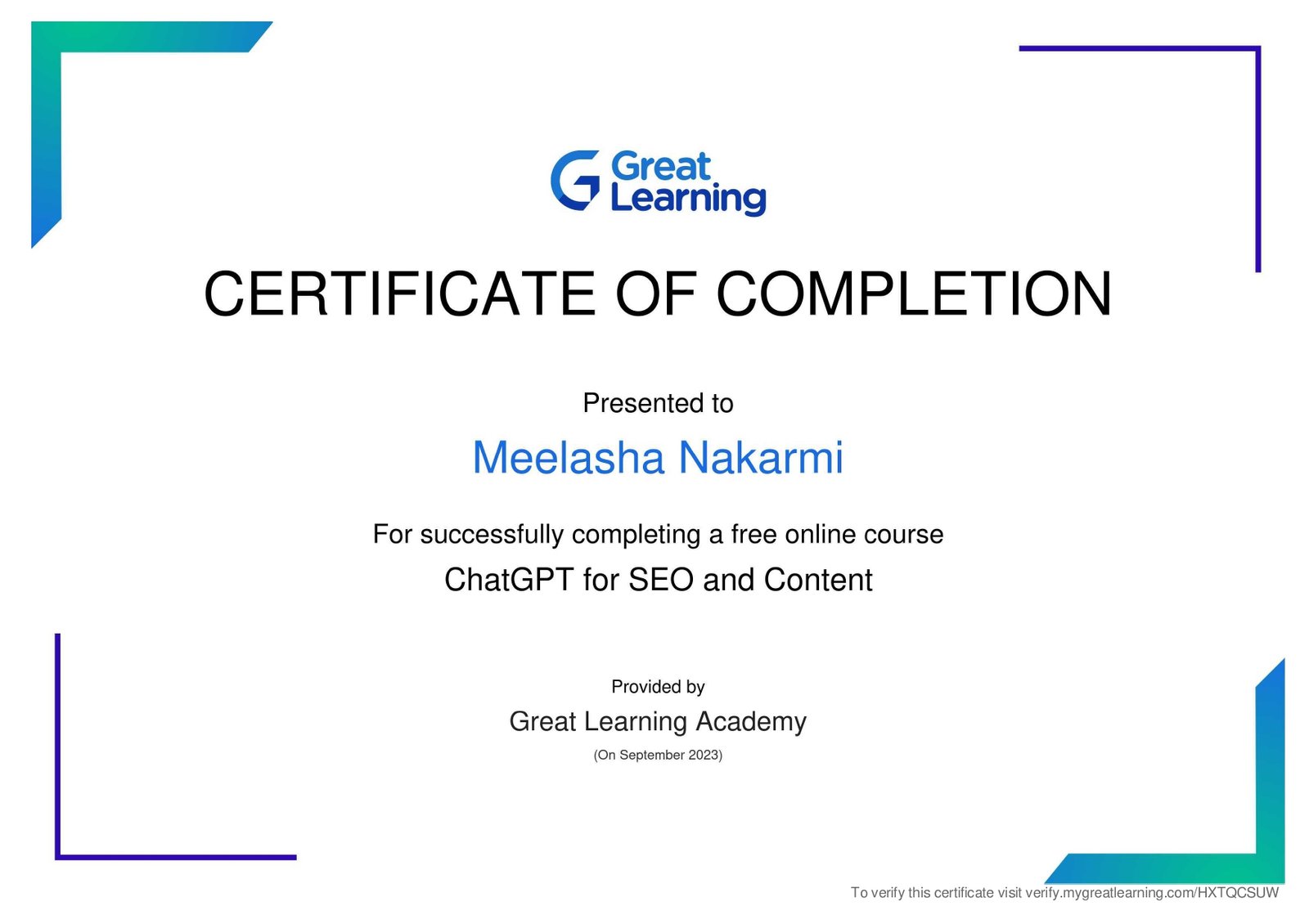 ChatGPT for SEO and Content free certificate